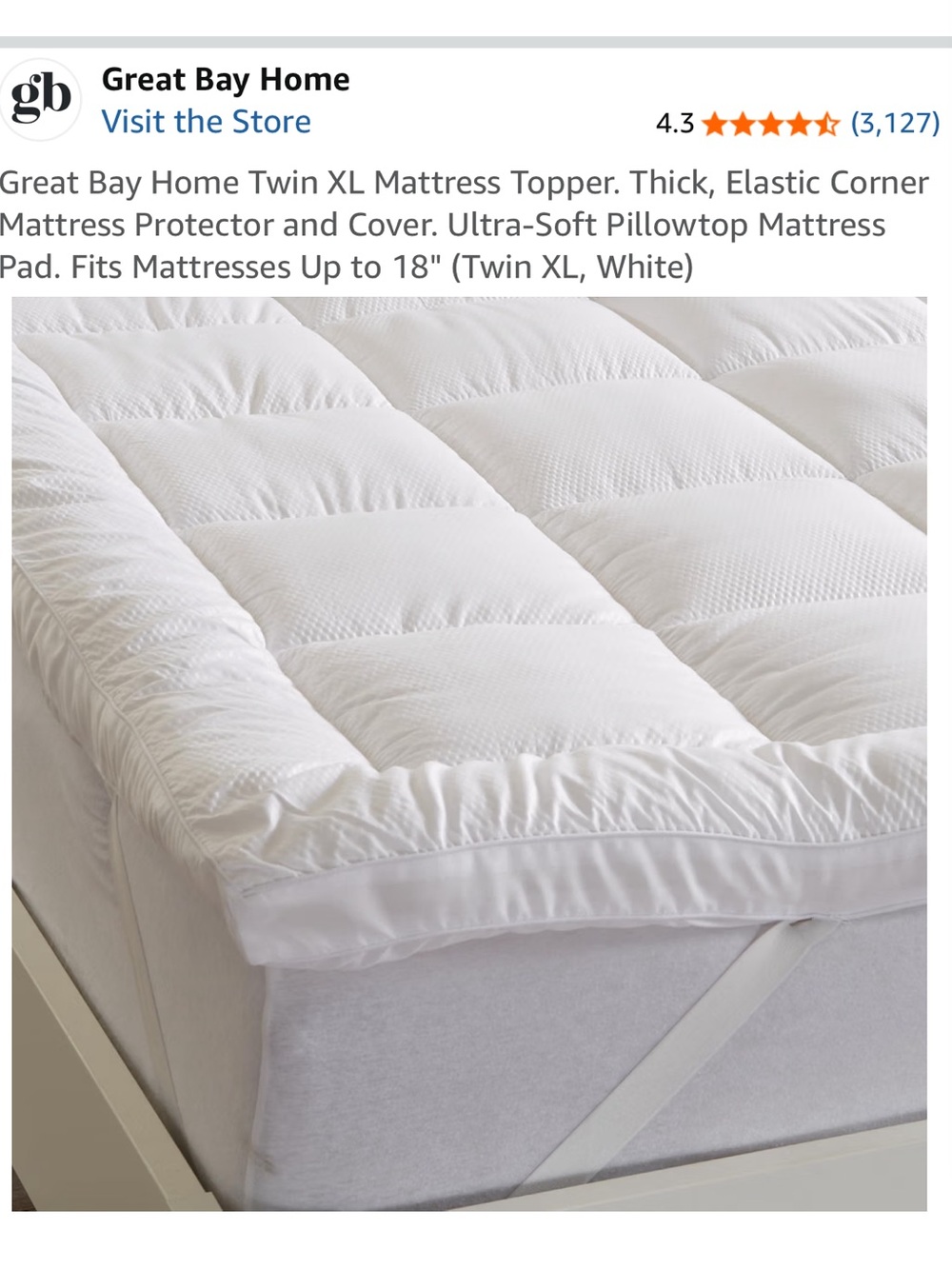 NWT Great Bay Home Twin XL Seersucker Mattress Topper White